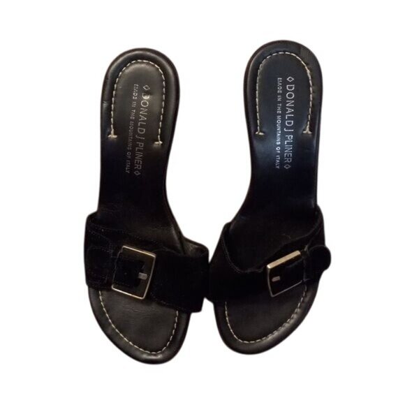 Donald J Pliner 9 M Womens Wedge Sandals Black Leather Suede Slide Buckle Italy - Picture 2 of 11